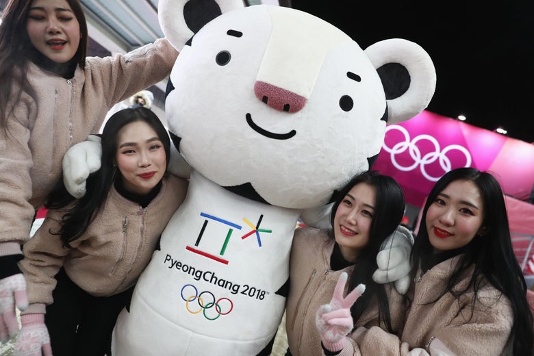PYEONGCHANG-GUN, SOUTH KOREA - FEBRUARY 11: Fans meet Soohorang the mascot during the Luge Men's Singles on day two of the PyeongChang 2018 Winter Olympic Games at Olympic Sliding Centre on February 11, 2018 in Pyeongchang-gun, South Korea. (Photo by Alexander Hassenstein/Getty Images)